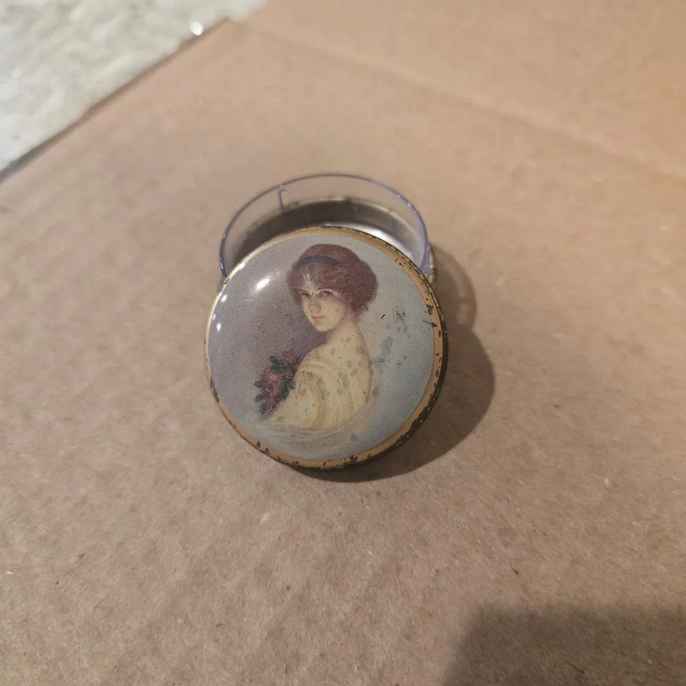 Vintage Violet Cachous Candy Tin Decorative Portrait Lady Floral Brass Metal